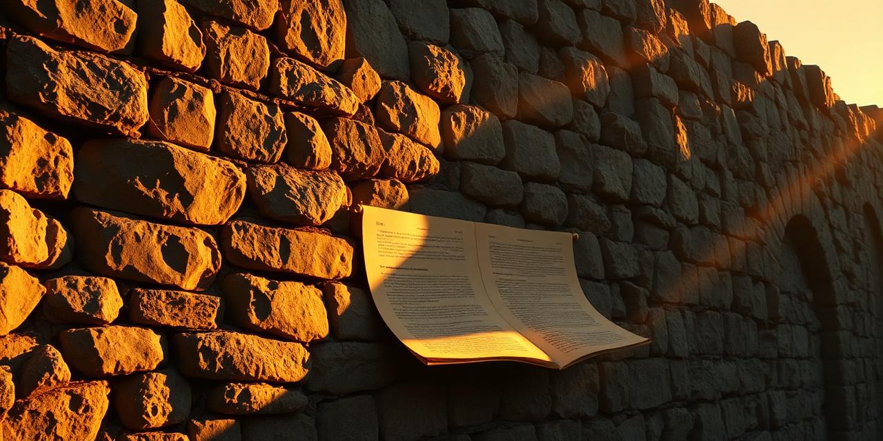 Open scroll on an ancient stone wall at dawn